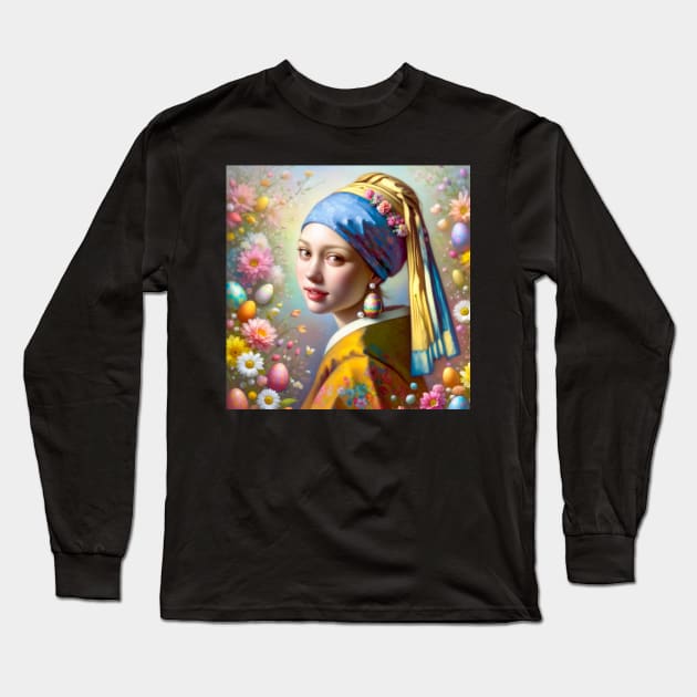 Easter Elegance: Pearl Earrings Girl with Easter Egg Long Sleeve T-Shirt by Edd Paint Something